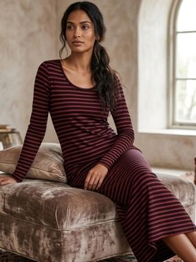 Peruvian Connection Andover Stripe Pima Cotton Modal Long Sleeve Dress Small